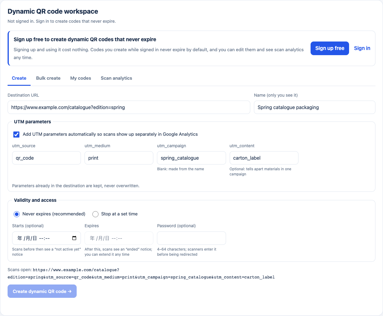 Current XunL form with a catalogue destination and UTM preview
