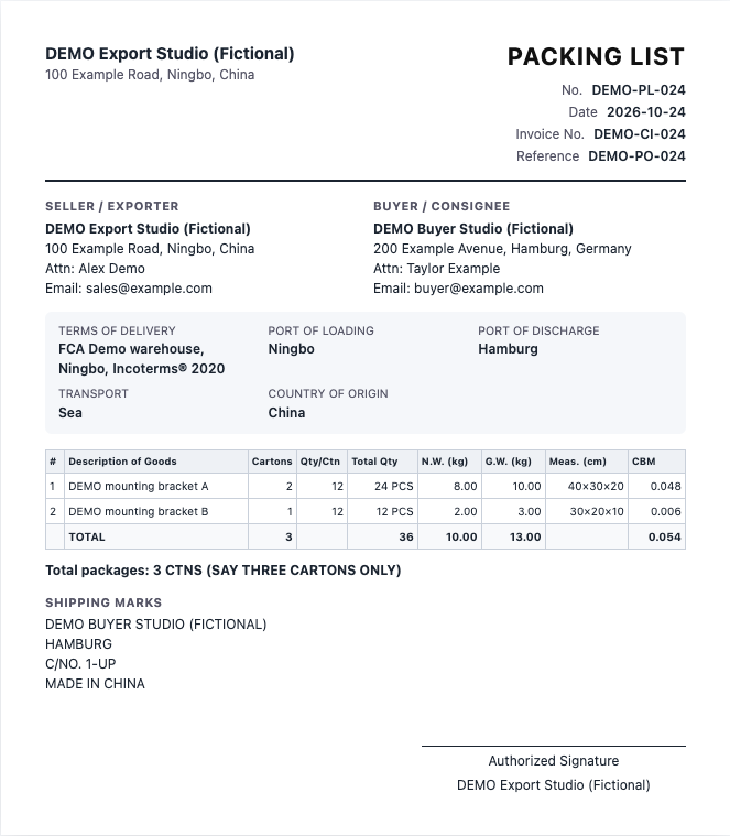 Actual XunL packing list preview for a fictional order: 3 cartons, 36 pieces, 10kg net, 13kg gross and 0.054CBM