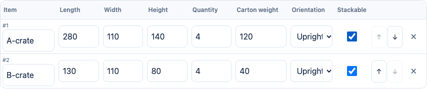 Actual English tool inputs for four A crates and four B crates, with upright orientation