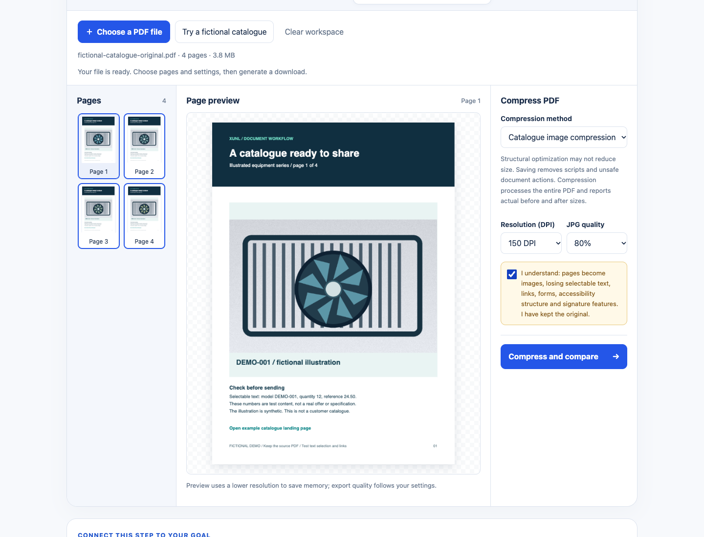 English XunL image compression settings with 150 DPI, 80% JPG quality and the acknowledgement that text, links, forms and other document features will be lost