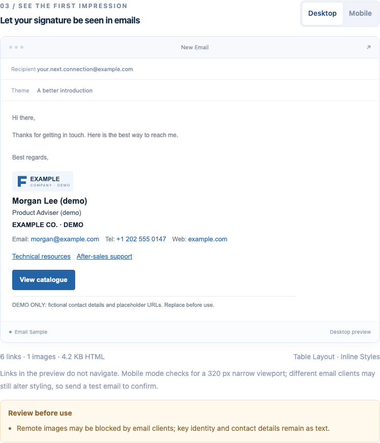 XunL English browser preview of a compact signature with fictional contact information, two resource links and a catalogue button