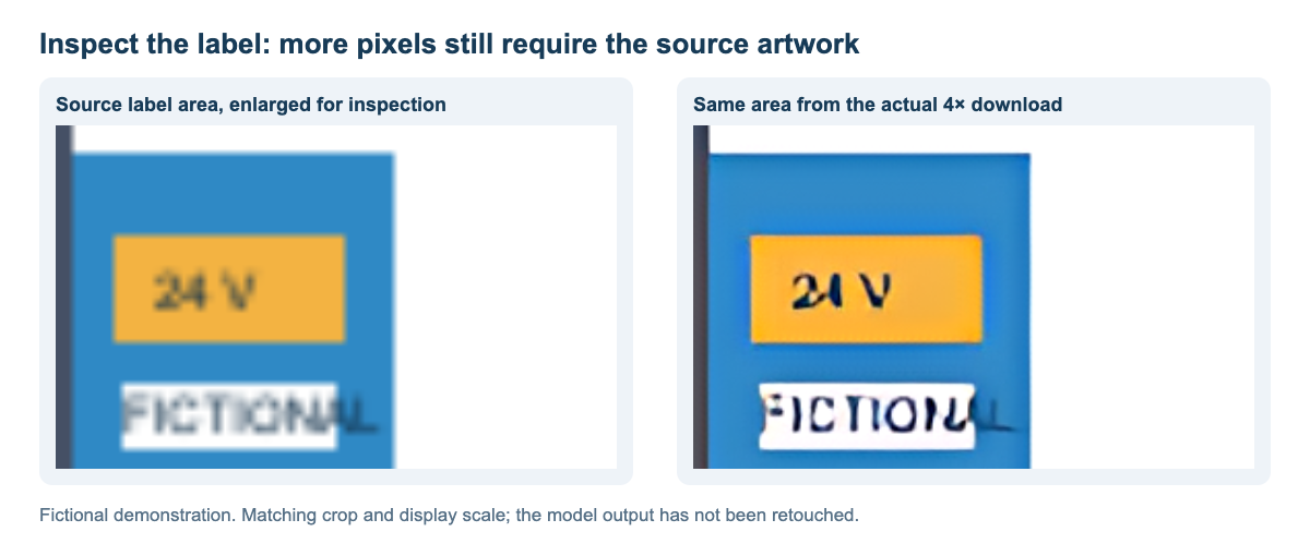 Matched label crops from the original and actual 4x download, showing distorted small lettering in the AI result