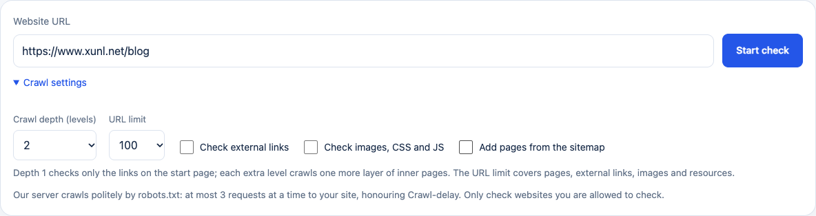 Actual crawl settings: XunL blog start URL, depth 2, limit 100, external links, resources and sitemap discovery off