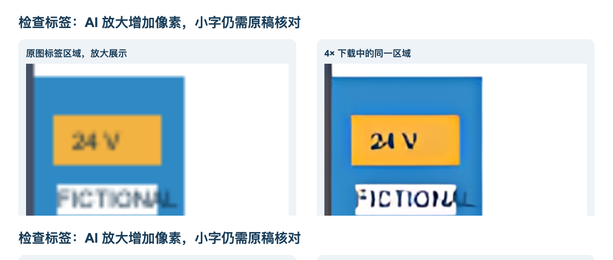 原图与实际4倍输出的同一区域对照,FICTIONAL标签小字出现模型改形