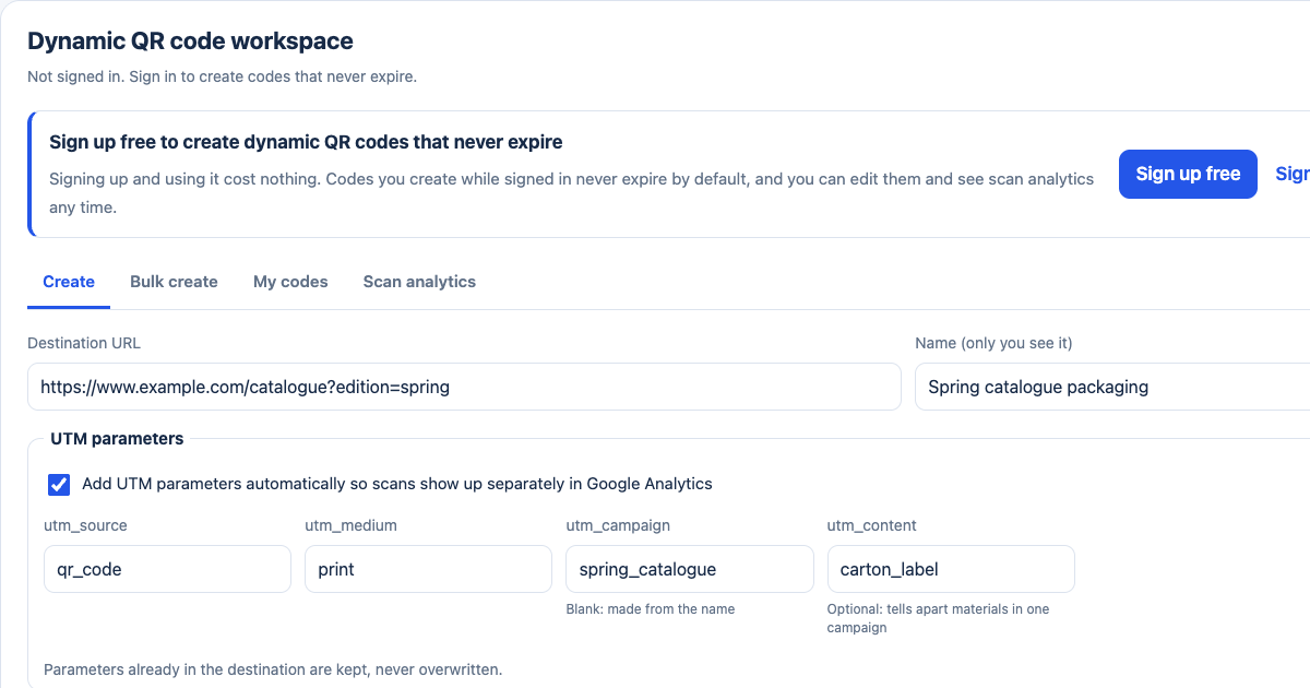 Dynamic QR setup form and UTM preview