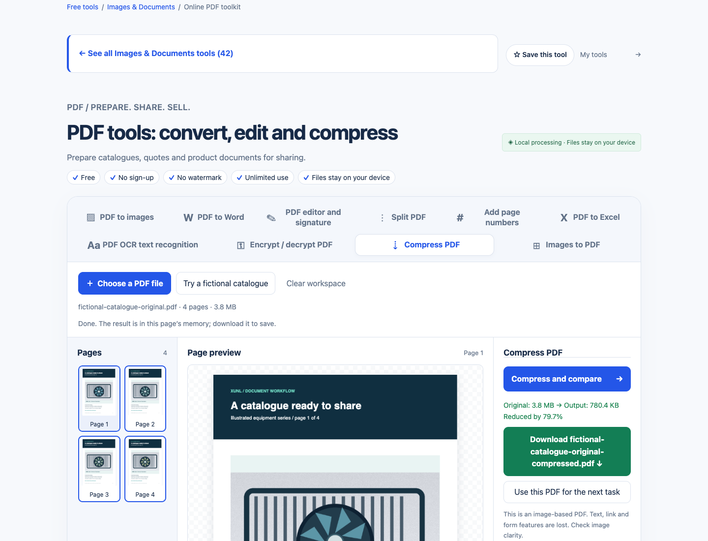 English XunL actual compression result: the fictional catalogue changes from 3.8 MB to 780.4 KB, with a warning that text, links and form features are lost