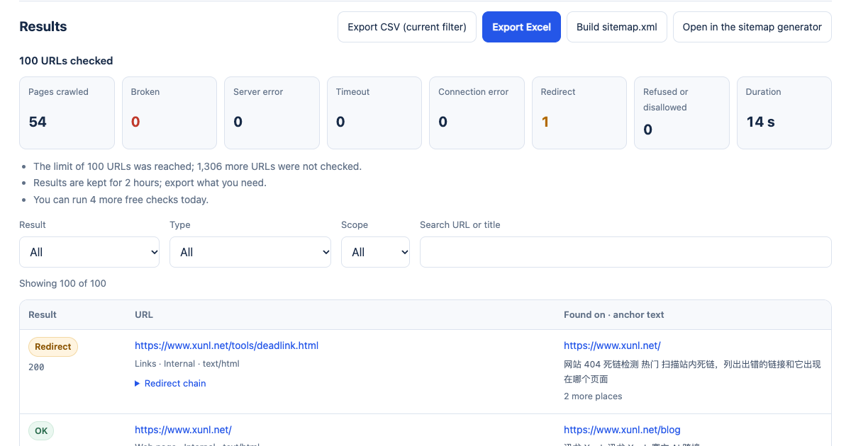 Real partial crawl showing no 404s, one redirect, and the source page and anchor text