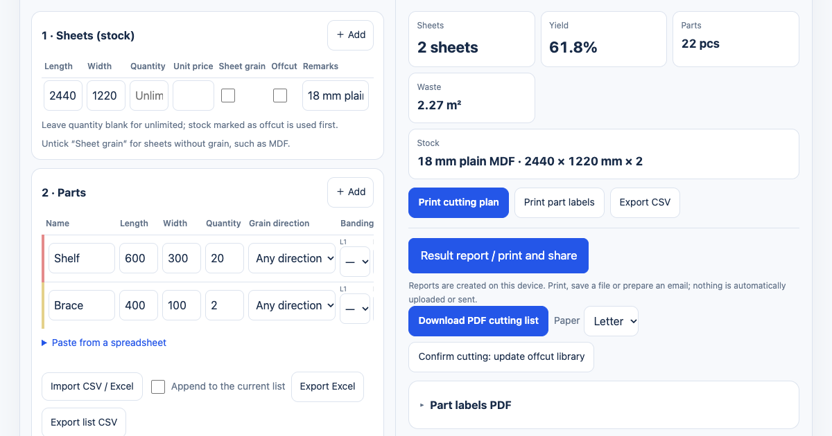 Live XunL selection check with two rows, 22 pieces, two sheets and PDF export