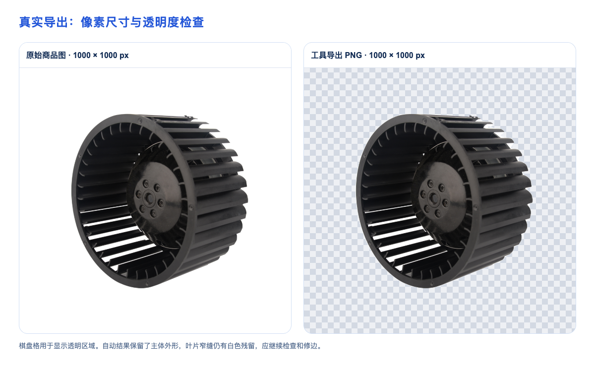 商品原图与实际导出的透明PNG,棋盘格显示透明区域