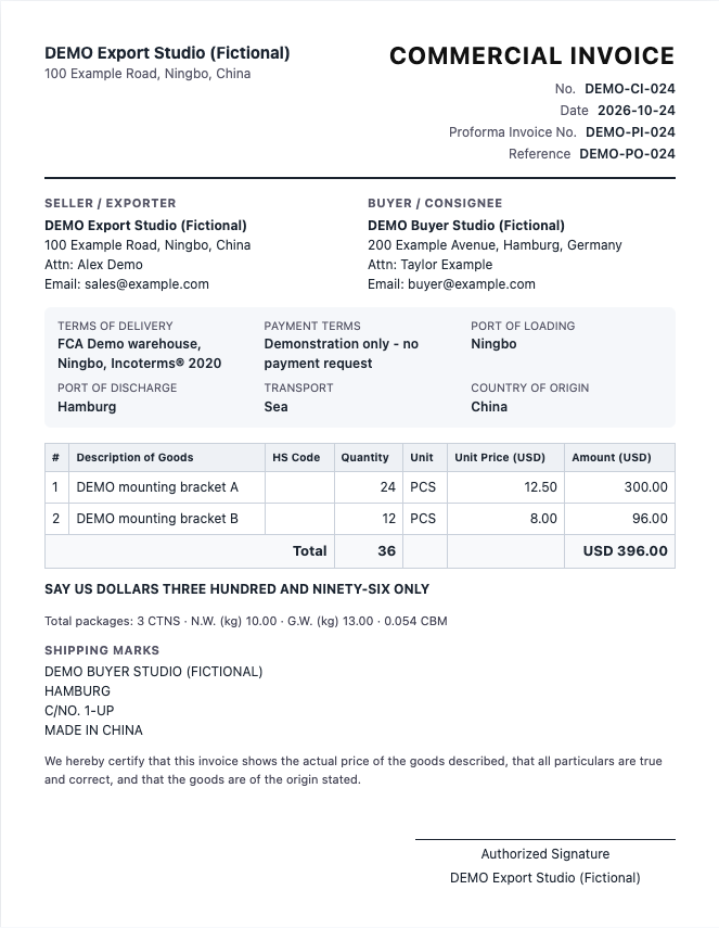 Actual final commercial invoice preview showing USD396.00, 36 pieces and the three-carton packing summary