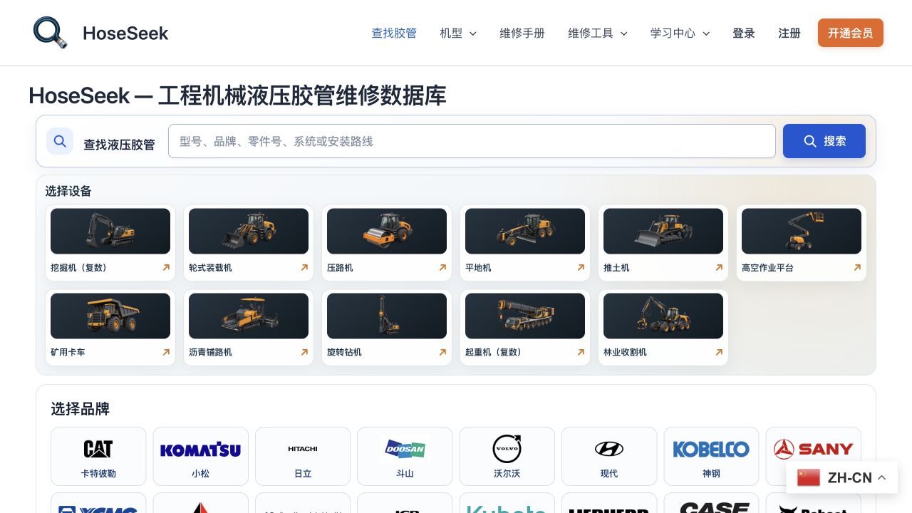 HoseSeek homepage, showing hydraulic hose lookup, equipment categories and brand links