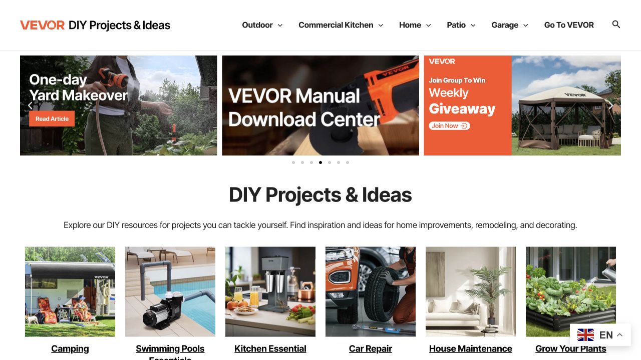 VEVOR DIY Ideas homepage, showing DIY tutorials and application categories