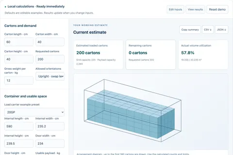 Container loading calculator screenshot