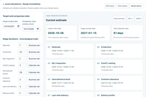 Delivery date planner screenshot