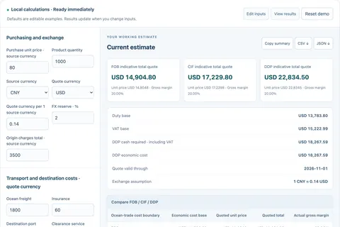 Landed cost & export quote calculator screenshot