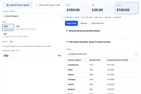 VAT calculator screenshot